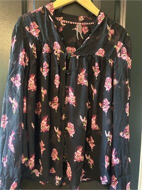 Anthropologie Black Blouse with Pink Pom Trim and Rose Print